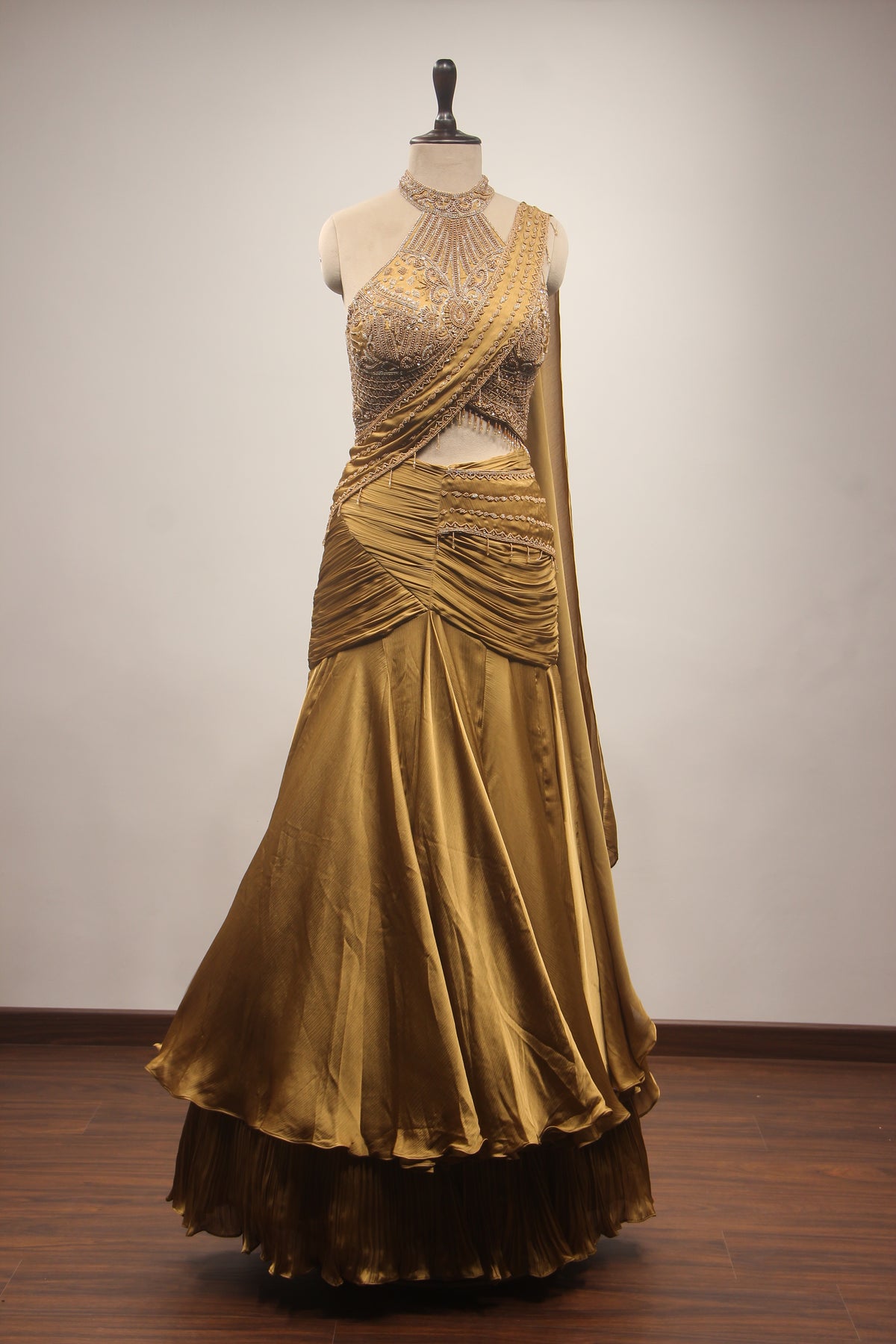 Gold Crepe Mermaid Lehenga with Bead & Cut Dana Handwork Drape Skirt