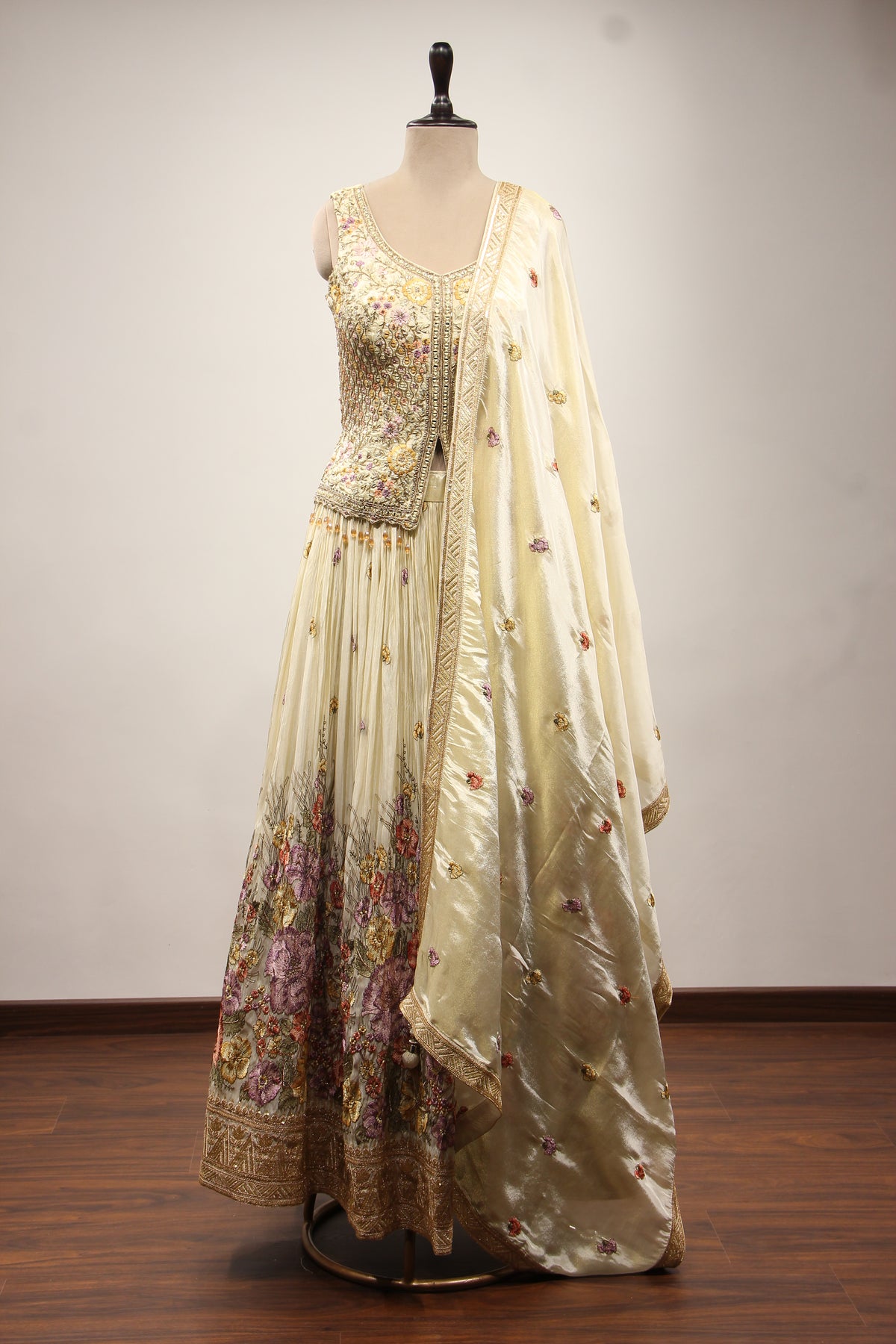Cream Tissue Lehenga with Printed & Resham Handwork Long Top