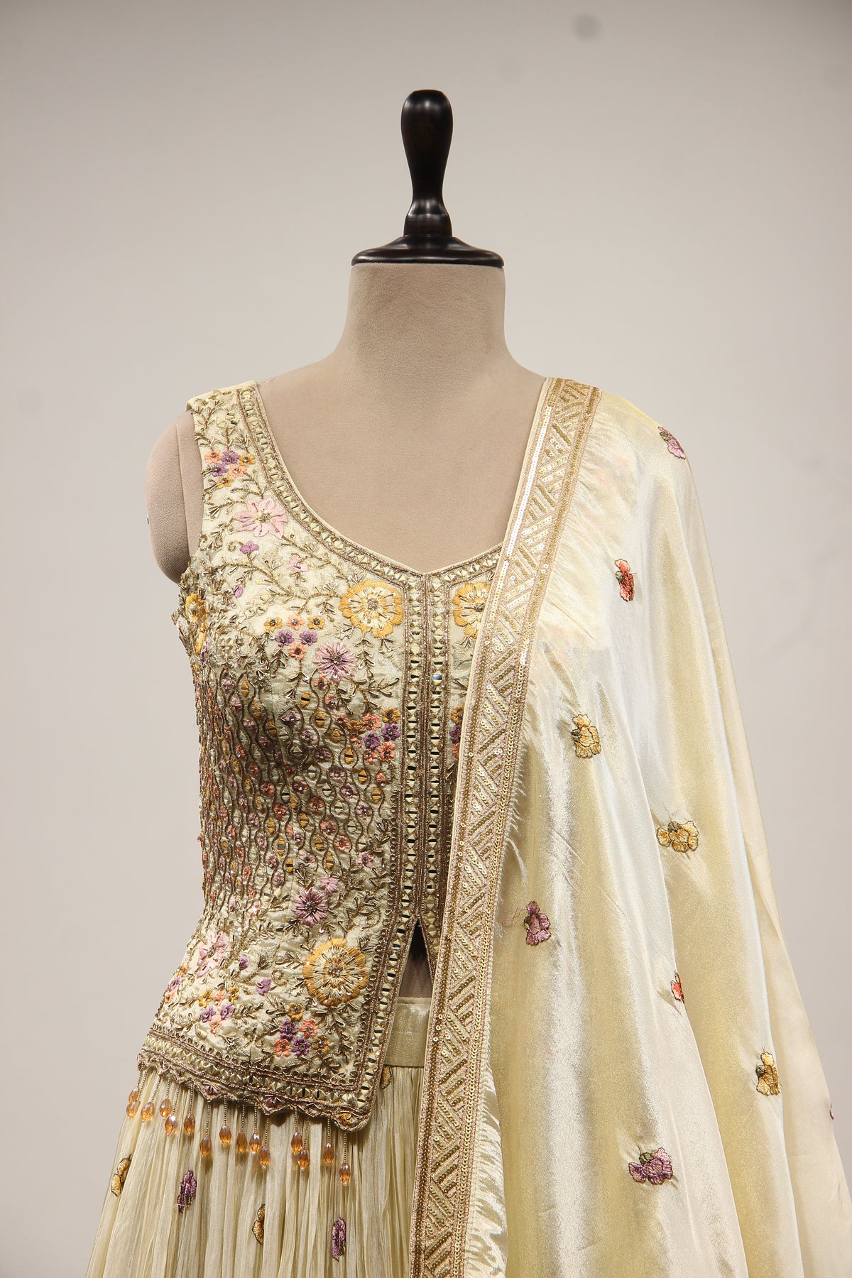 Cream Tissue Lehenga with Printed & Resham Handwork Long Top