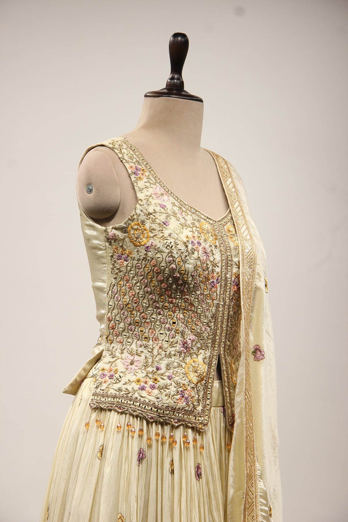 Cream Tissue Lehenga with Printed & Resham Handwork Long Top