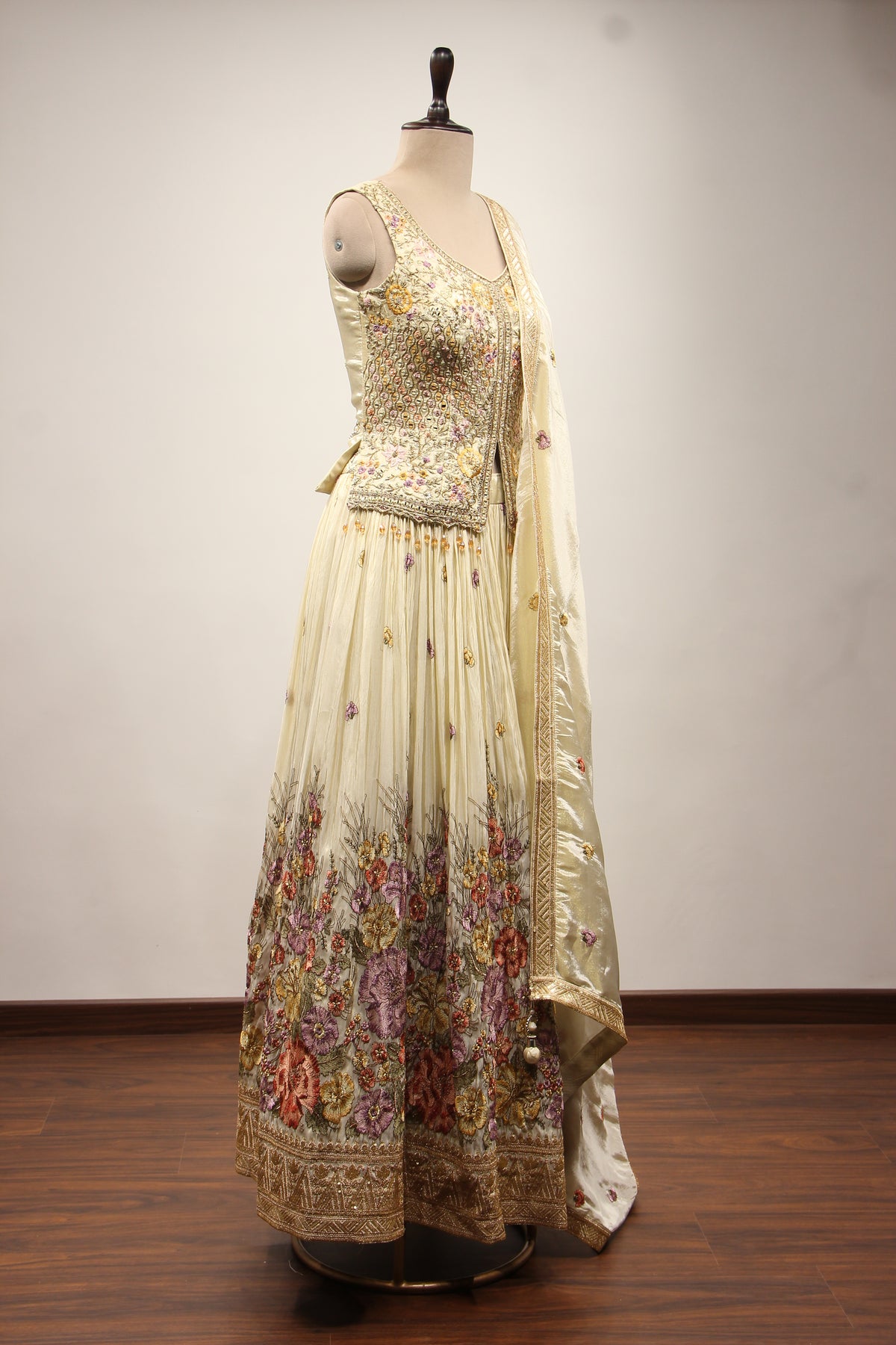Cream Tissue Lehenga with Printed & Resham Handwork Long Top