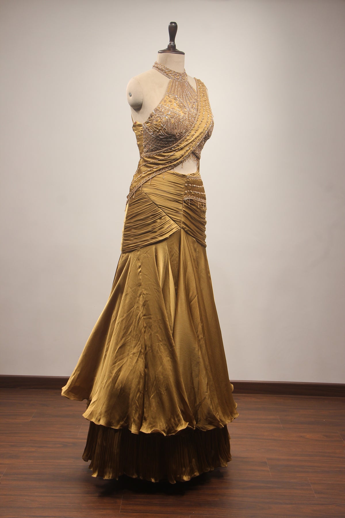 Gold Crepe Mermaid Lehenga with Bead & Cut Dana Handwork Drape Skirt