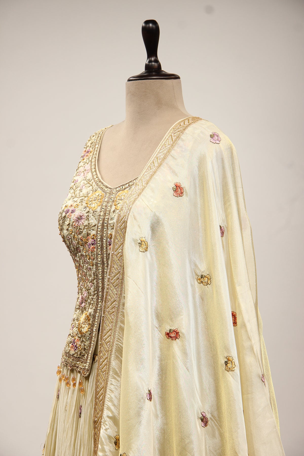 Cream Tissue Lehenga with Printed & Resham Handwork Long Top
