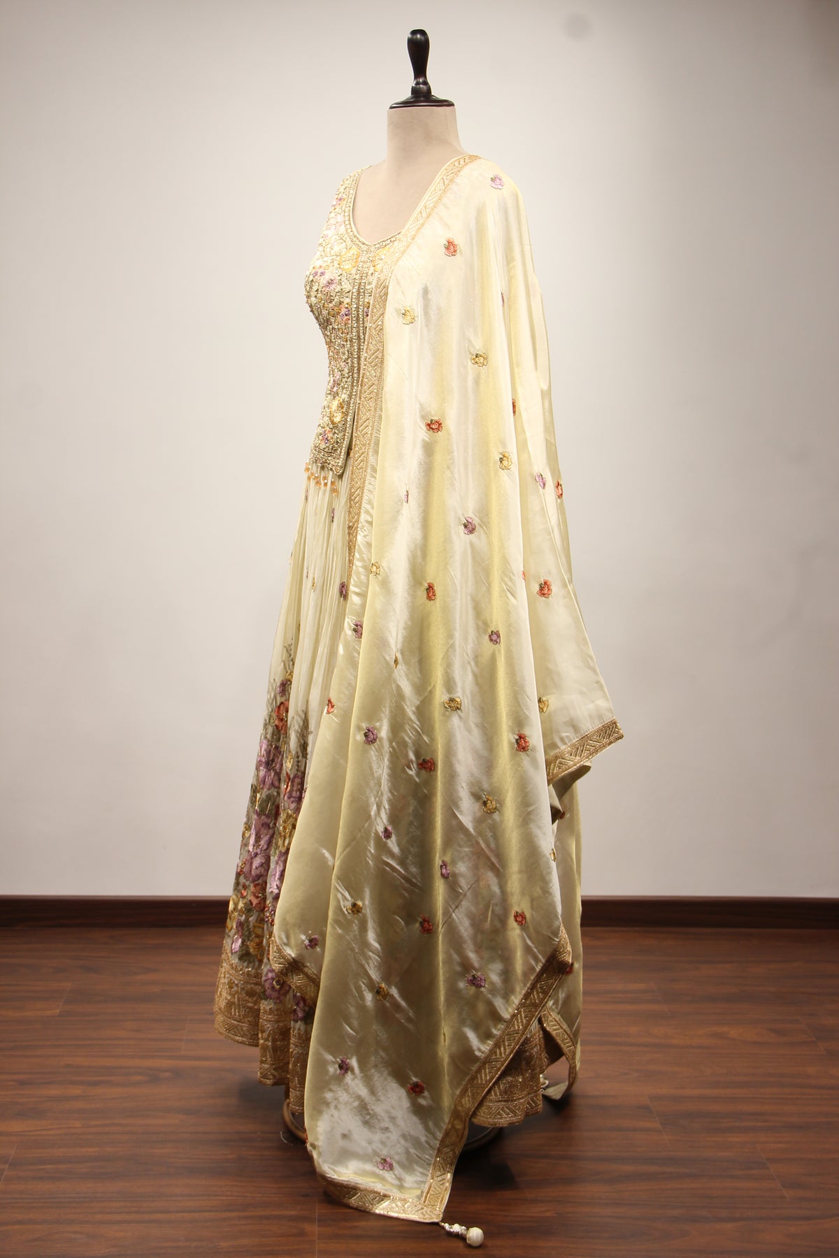 Cream Tissue Lehenga with Printed & Resham Handwork Long Top