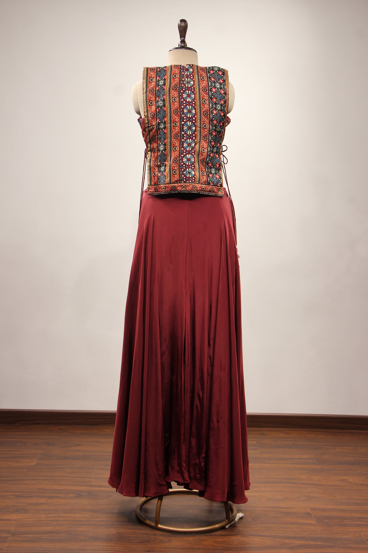 Maroon Crepe Indo Western Poncho Palazzo with Mirror & Zari Handwork – back view