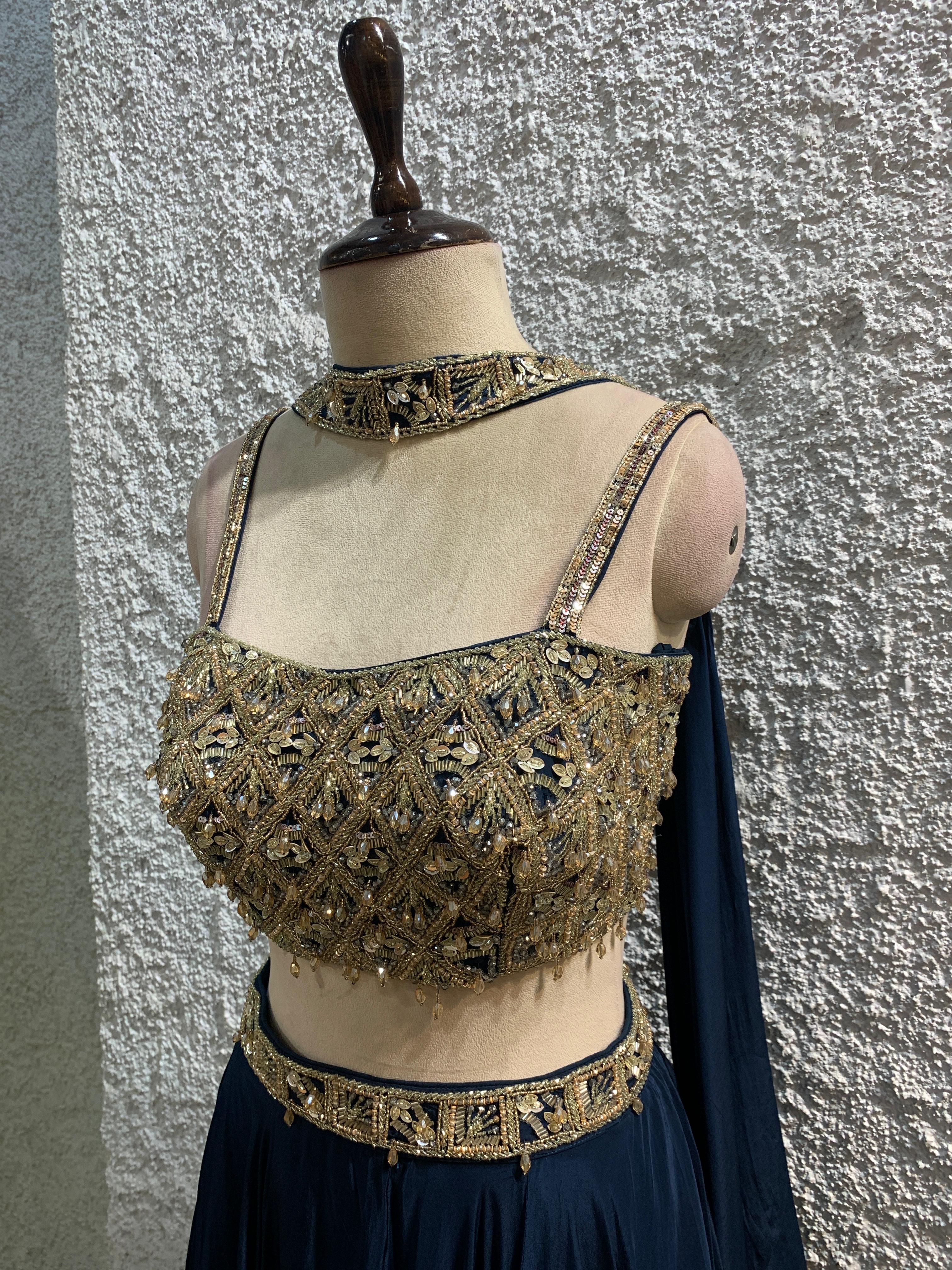 lehenga choker dupatta embroidered work blouse-side