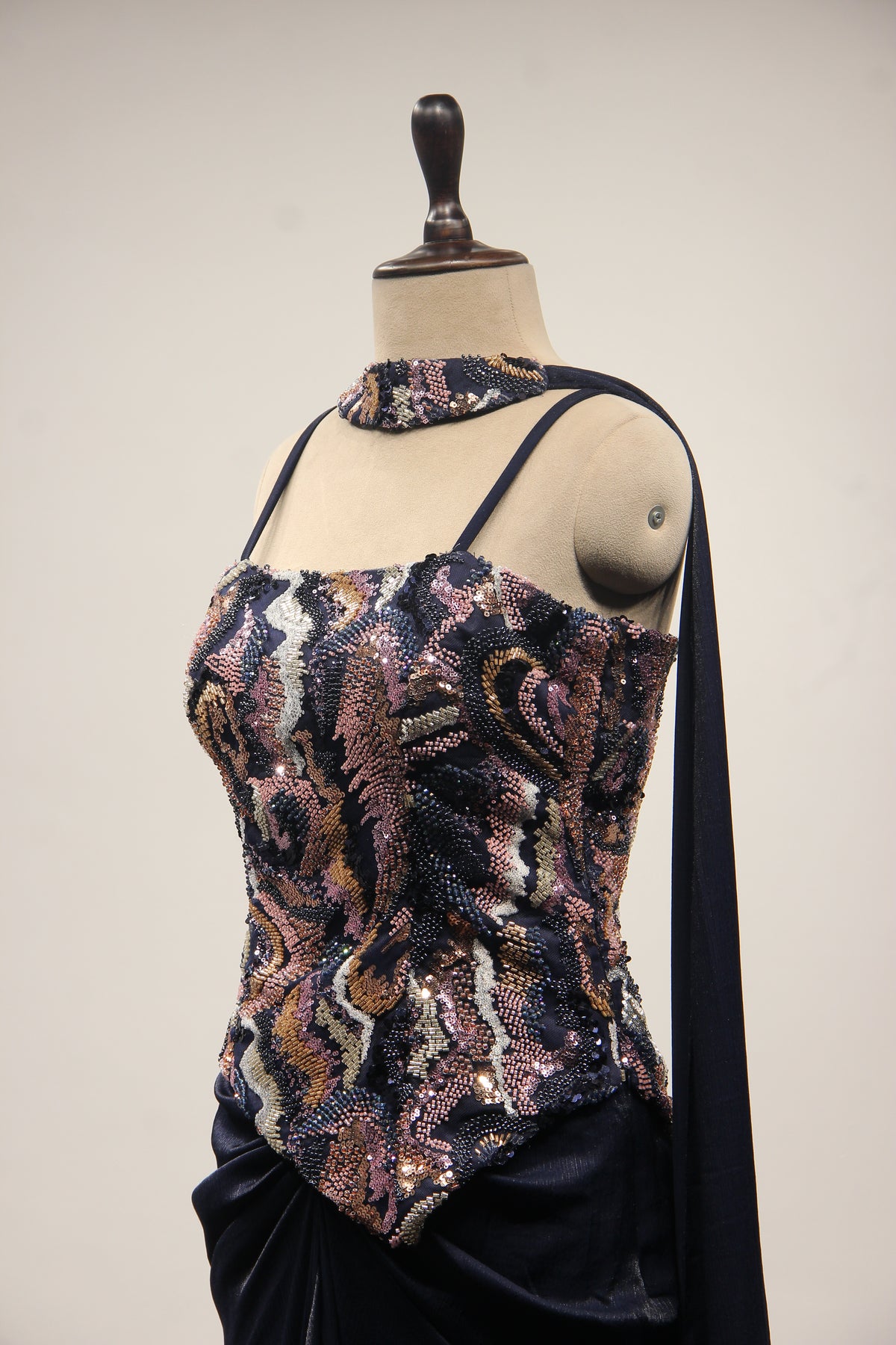 Navy Blue Satin Indo Western with Hand Embroidery & Cut Dana Handwork – side close-up