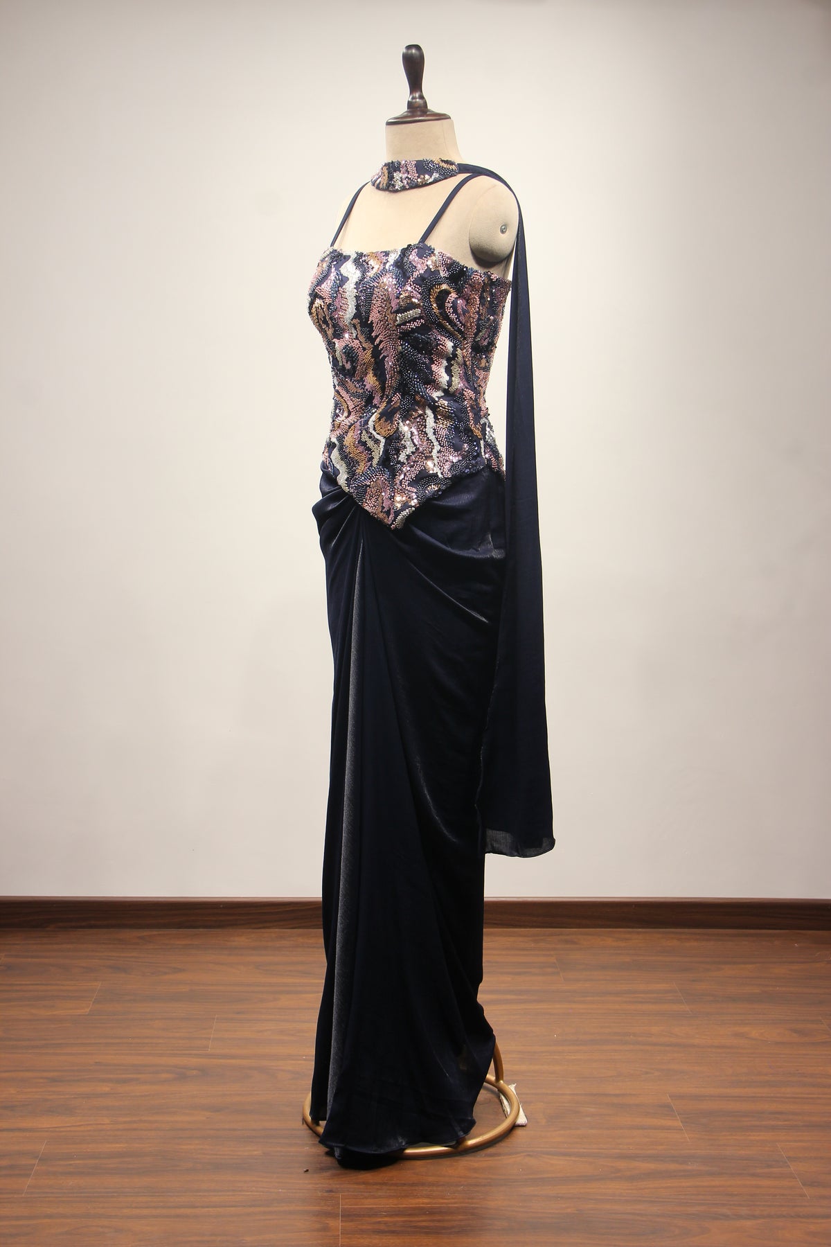 Navy Blue Satin Indo Western with Hand Embroidery & Cut Dana Handwork – side view