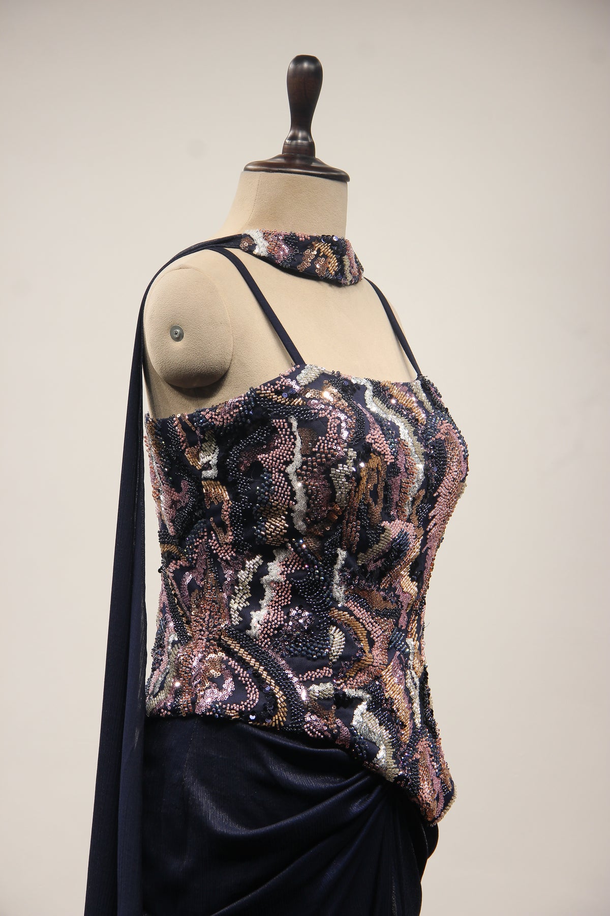 Navy Blue Satin Indo Western with Hand Embroidery & Cut Dana Handwork – other side close-up