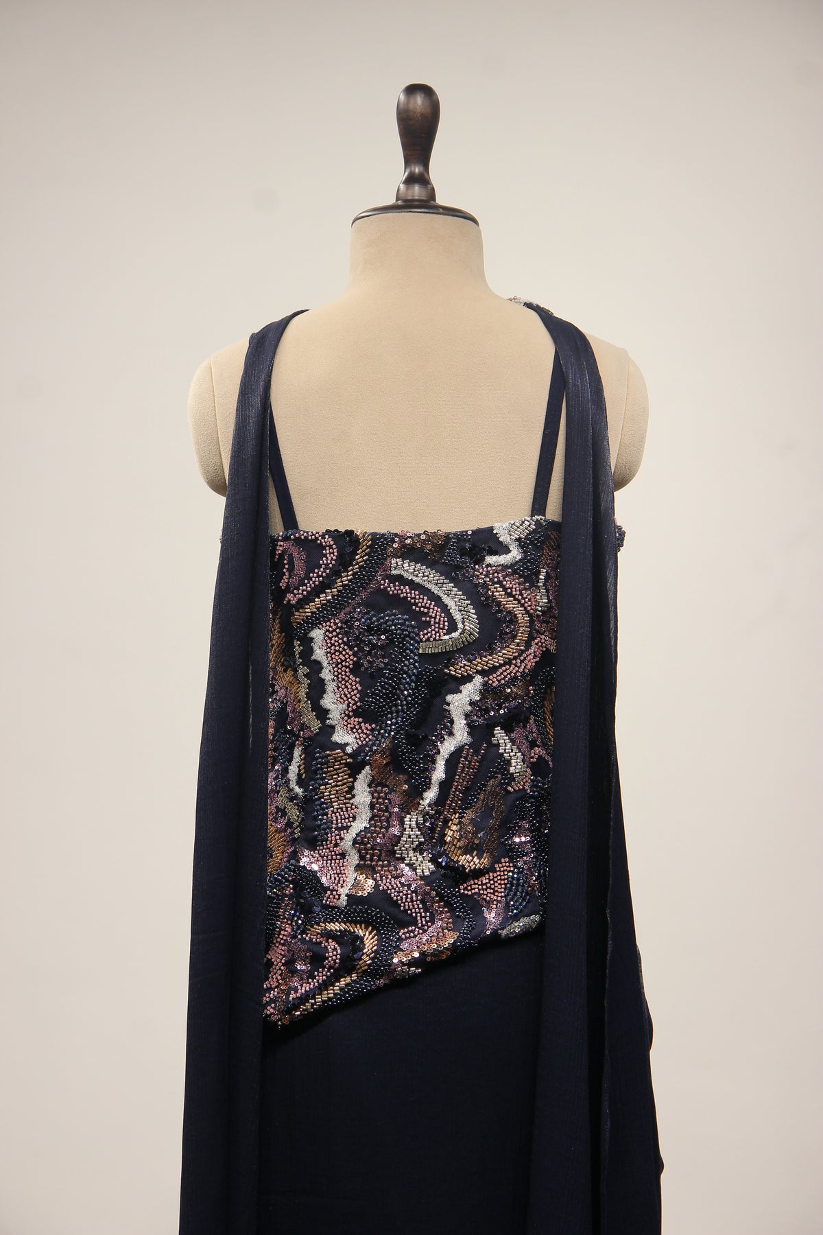 Navy Blue Satin Indo Western with Hand Embroidery & Cut Dana Handwork – back close-up