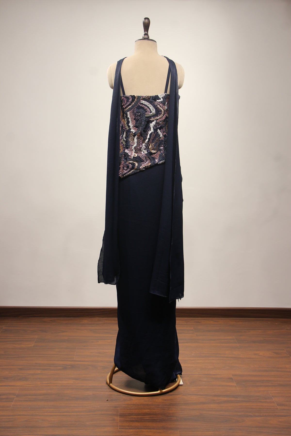 Navy Blue Satin Indo Western with Hand Embroidery & Cut Dana Handwork – back view