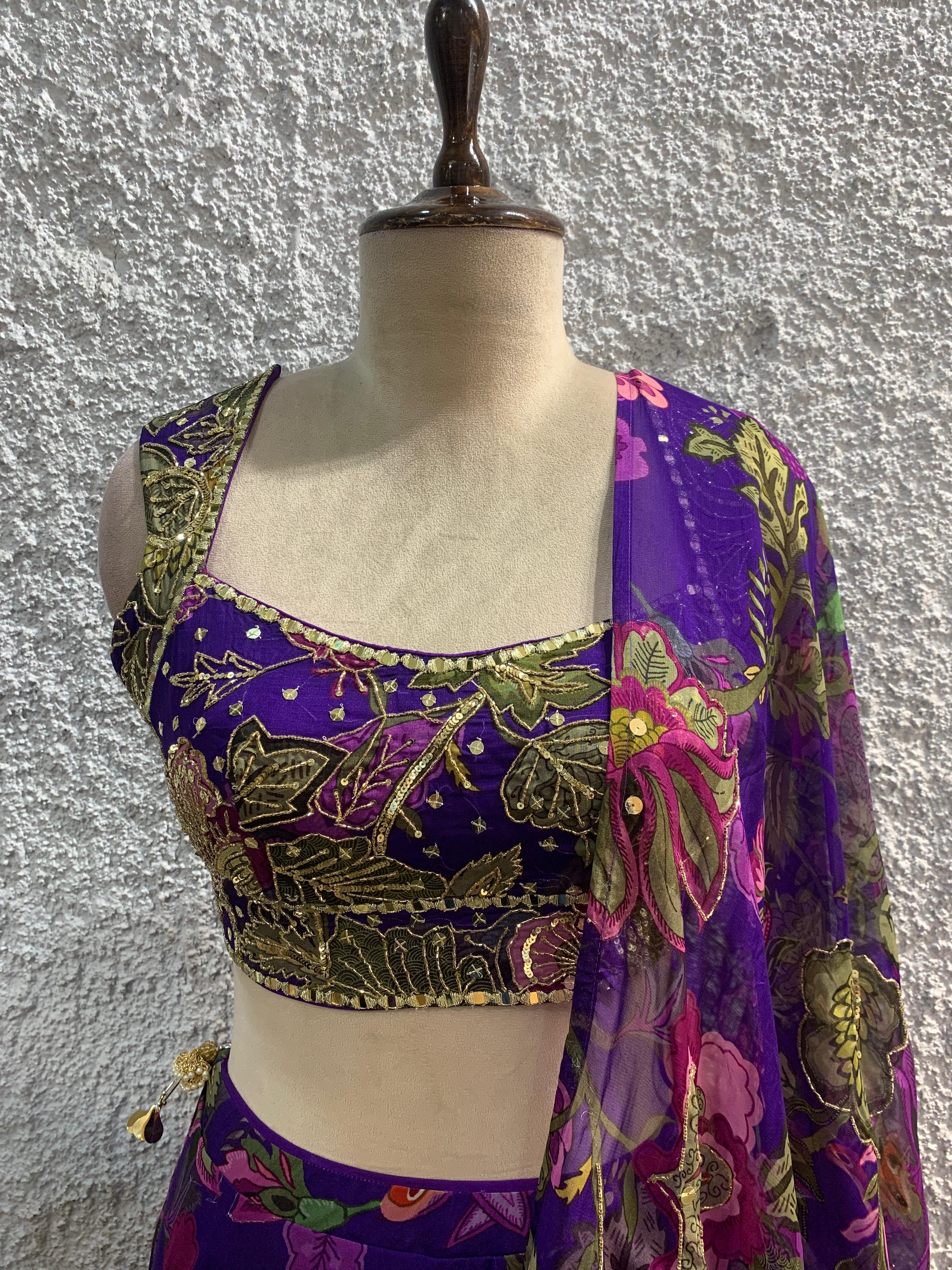 embroidery printed crepe lehenga with handwork blouse-focus