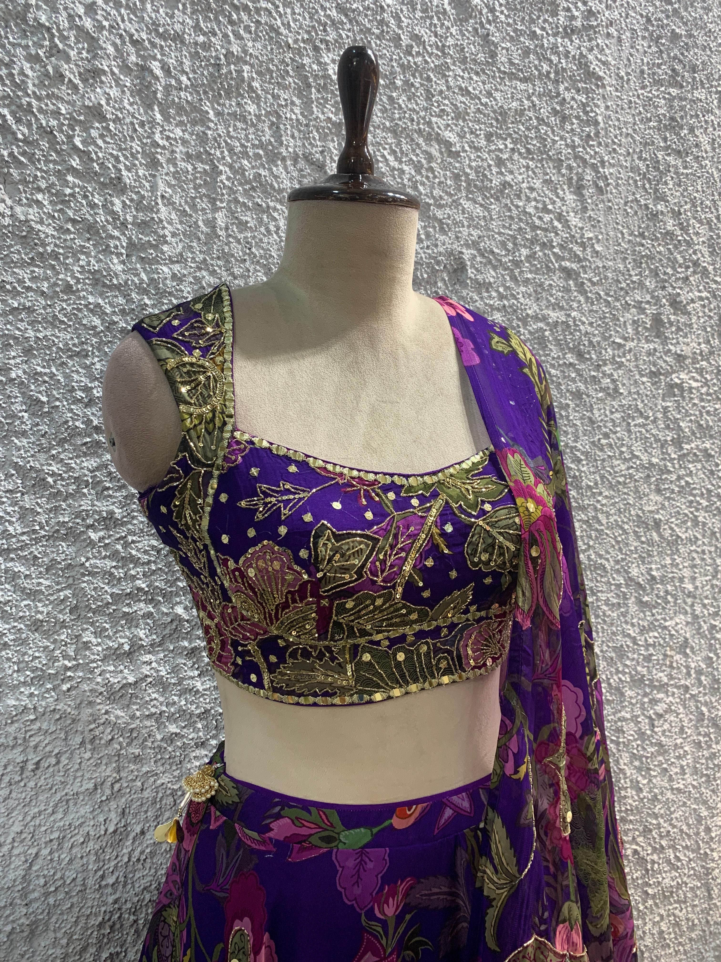 embroidery printed crepe lehenga with handwork blouse-side