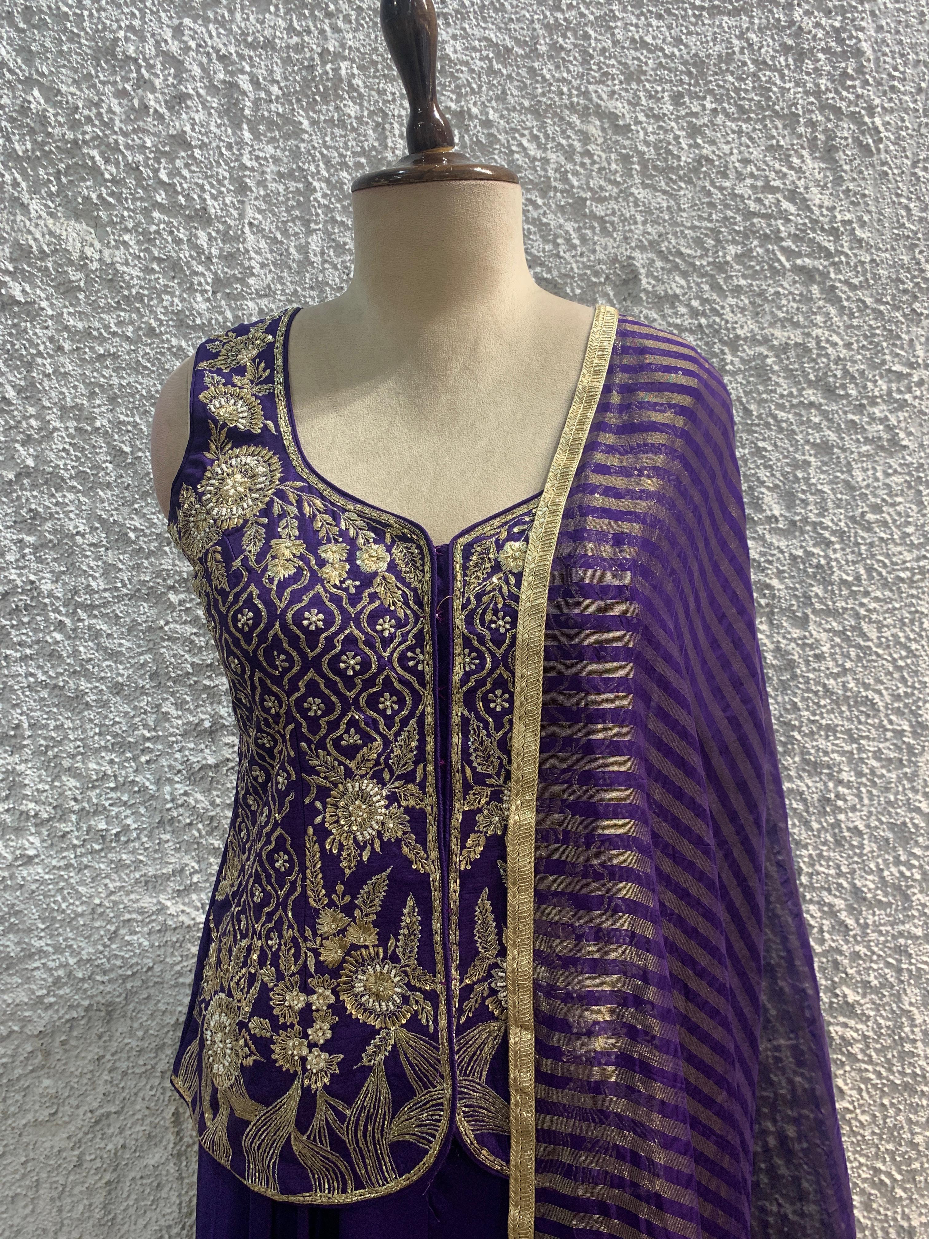 Indo-Western crape silk palazzo suit with cutdana and zari embroidered work-focus