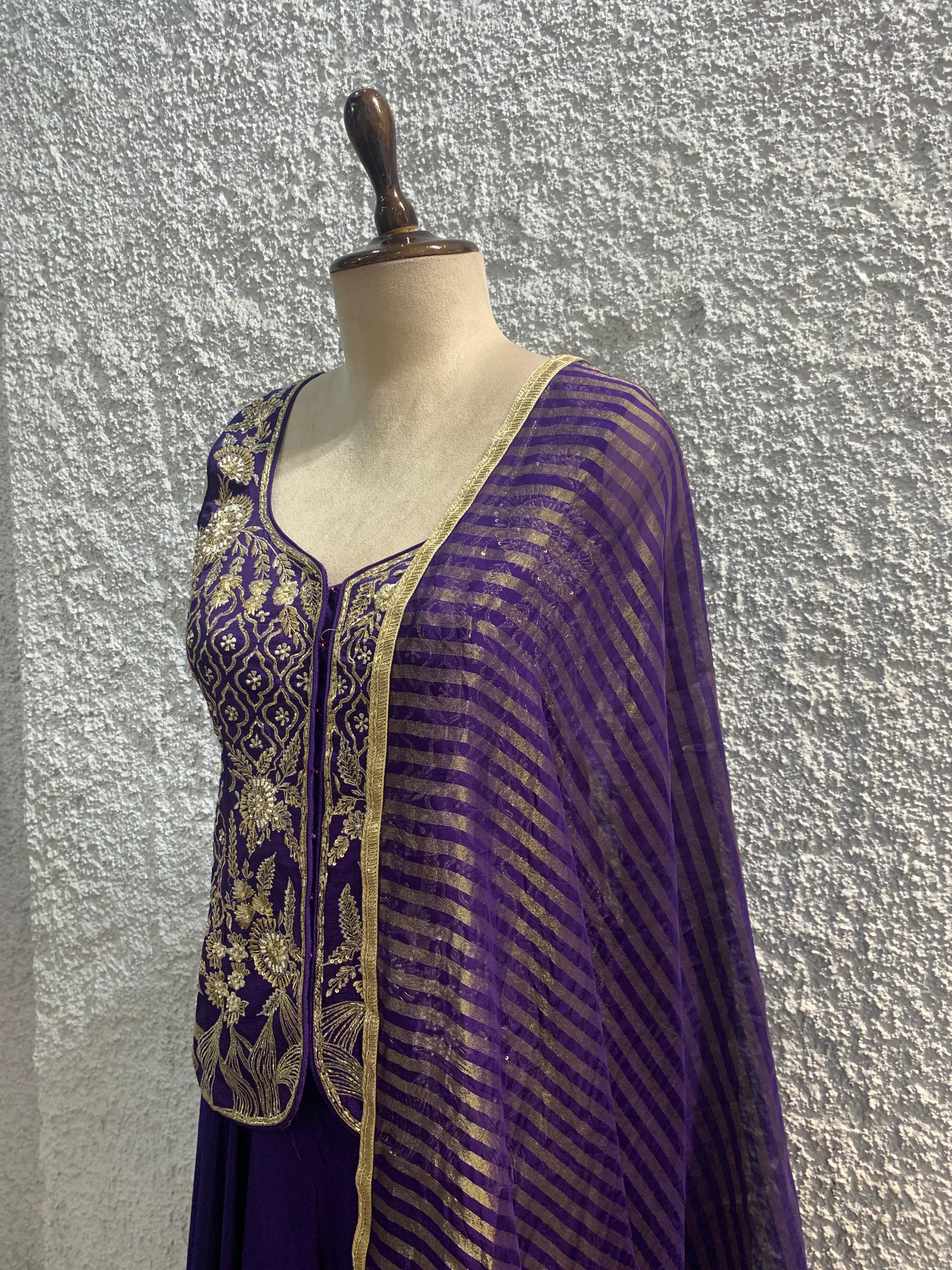 Indo-Western crape silk palazzo suit with cutdana and zari embroidered work-side