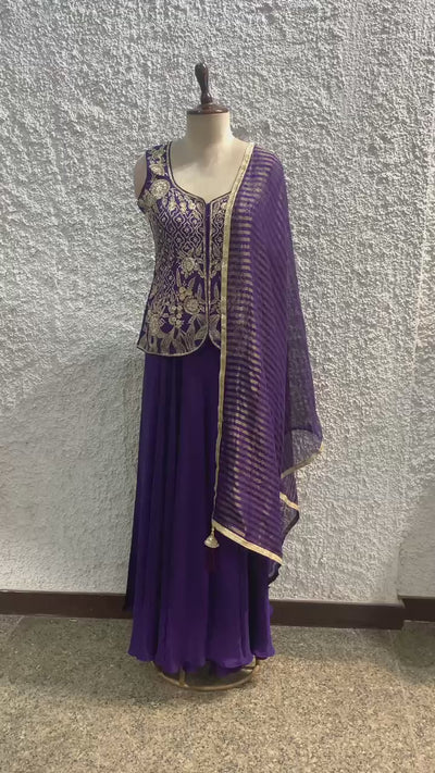 Indo-Western crape silk palazzo suit with cutdana and zari embroidered work-video