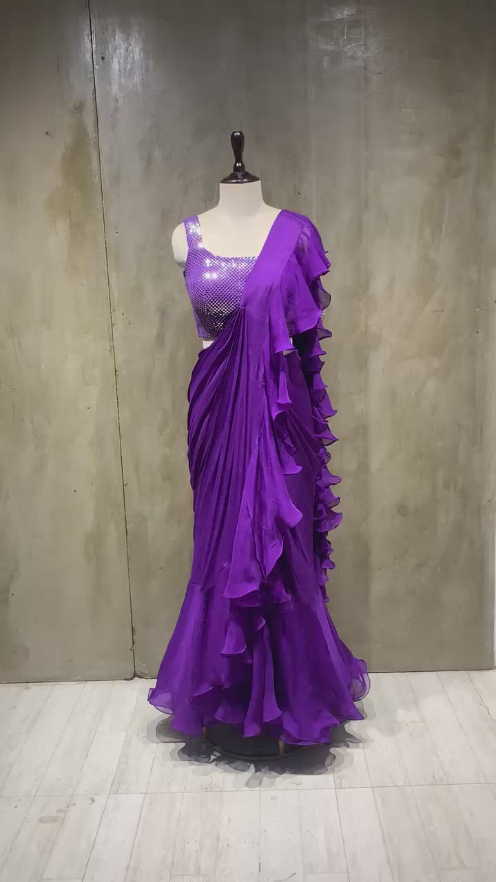 chinon ruffle drape saree with handwork blouse-video