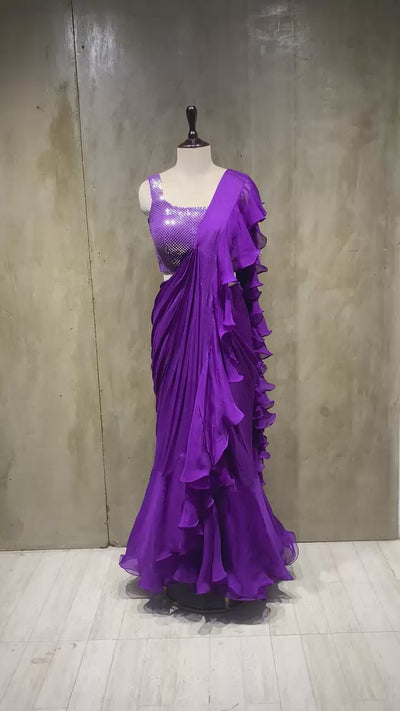 chinon ruffle drape saree with handwork blouse-video