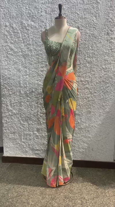 embroidery printed drape saree with handwork corset blouse-video