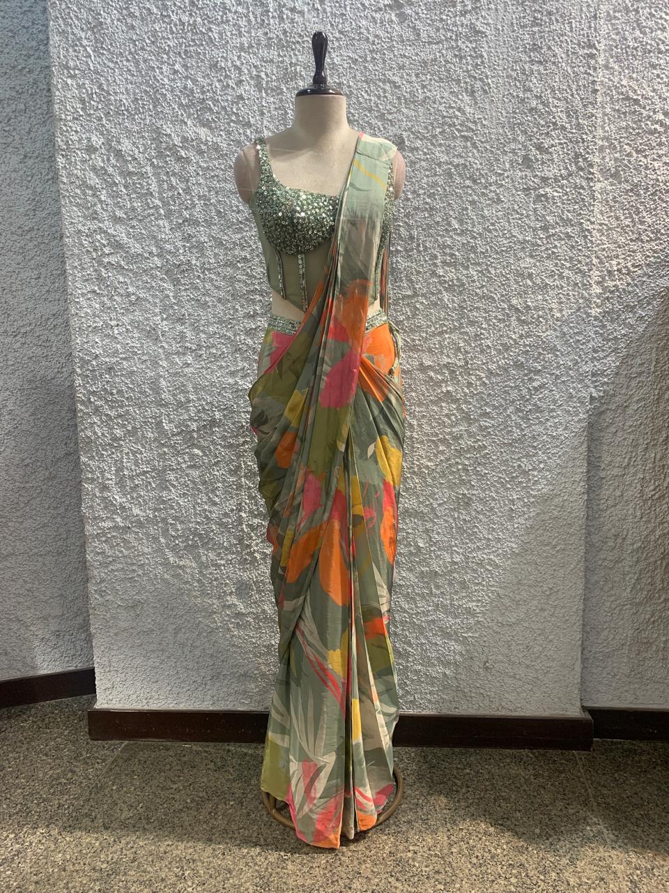 embroidery printed drape saree with handwork corset blouse-main