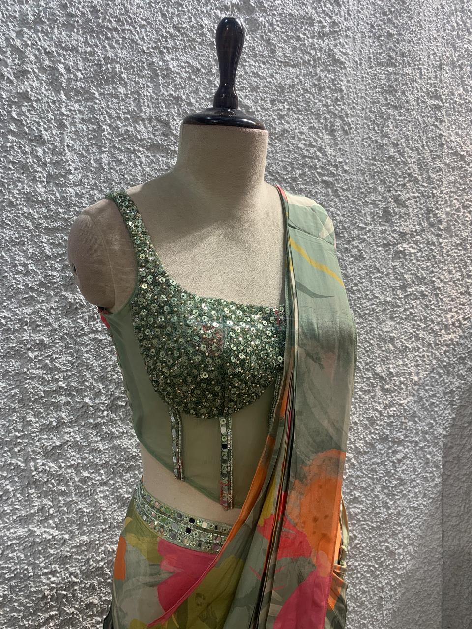 embroidery printed drape saree with handwork corset blouse-side