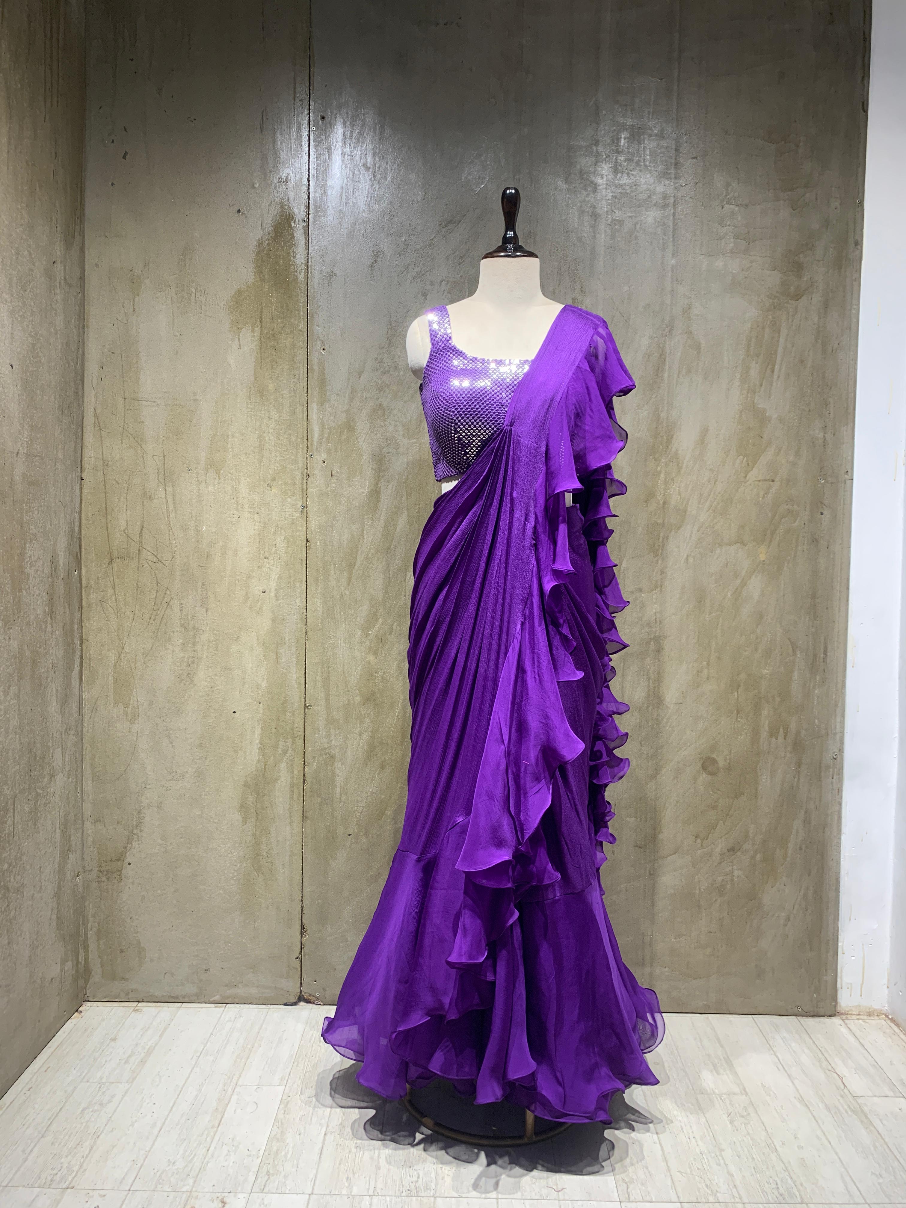 chinon ruffle drape saree with handwork blouse-main