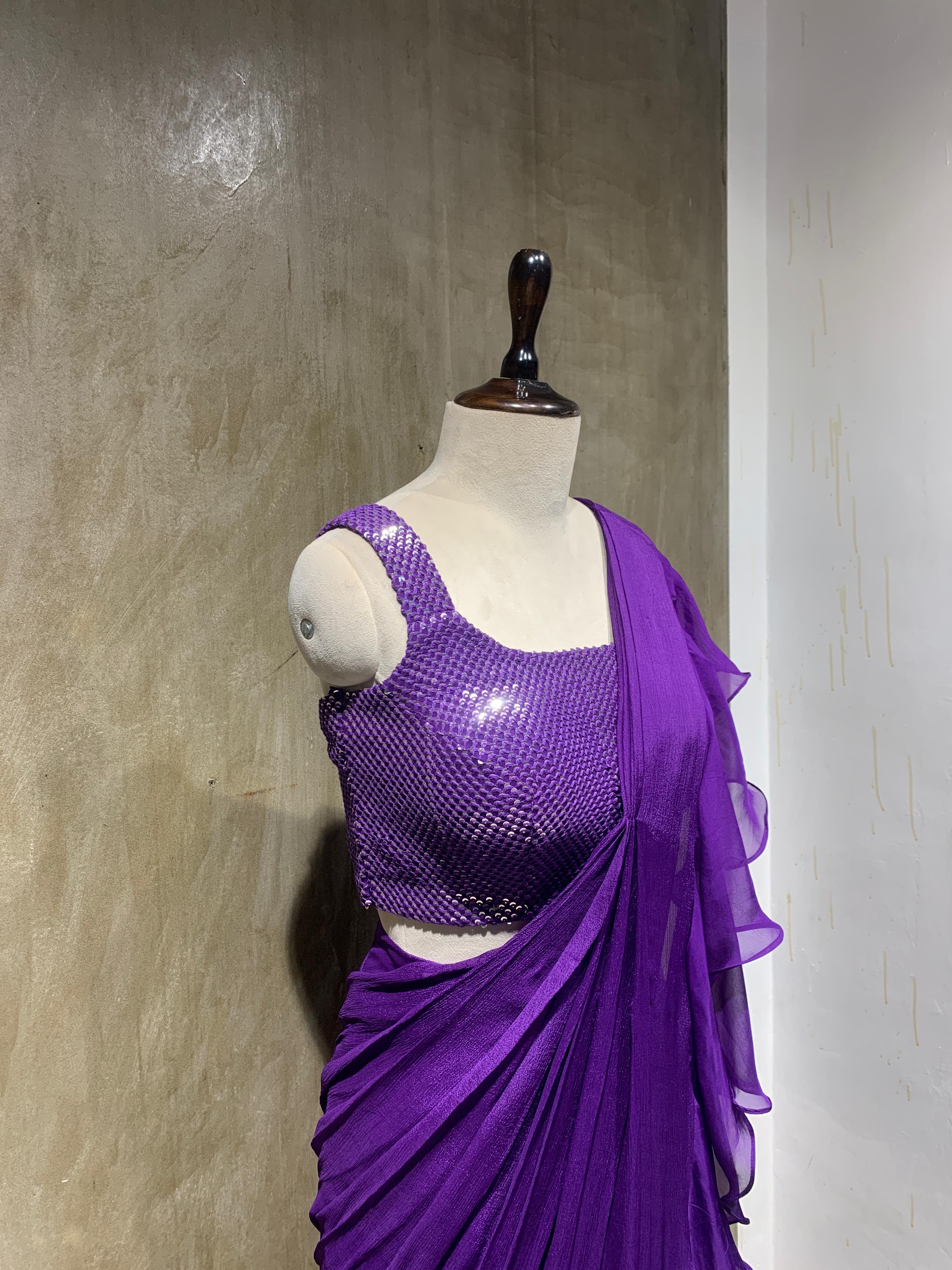 chinon ruffle drape saree with handwork blouse-side