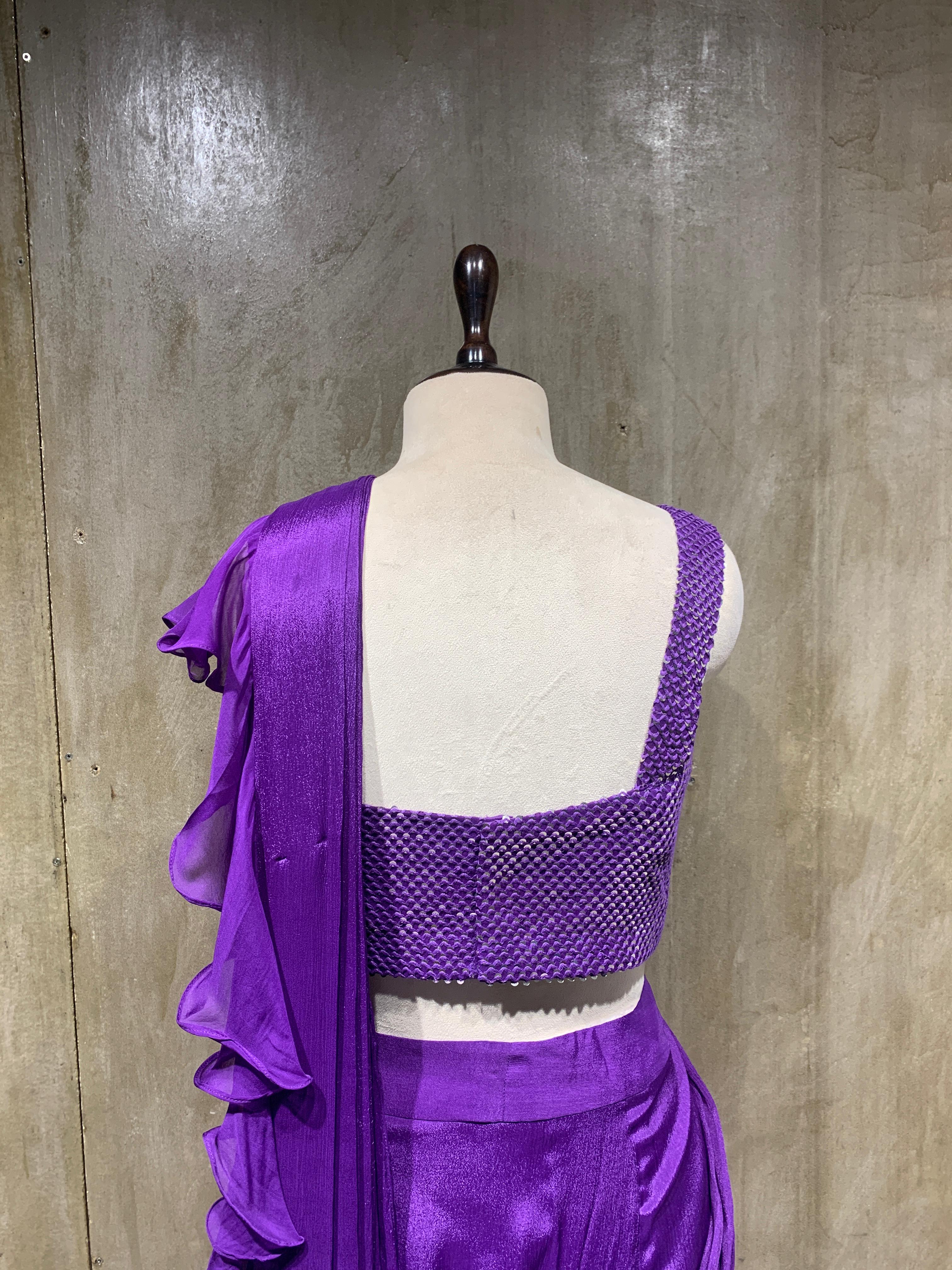 chinon ruffle drape saree with handwork blouse-back