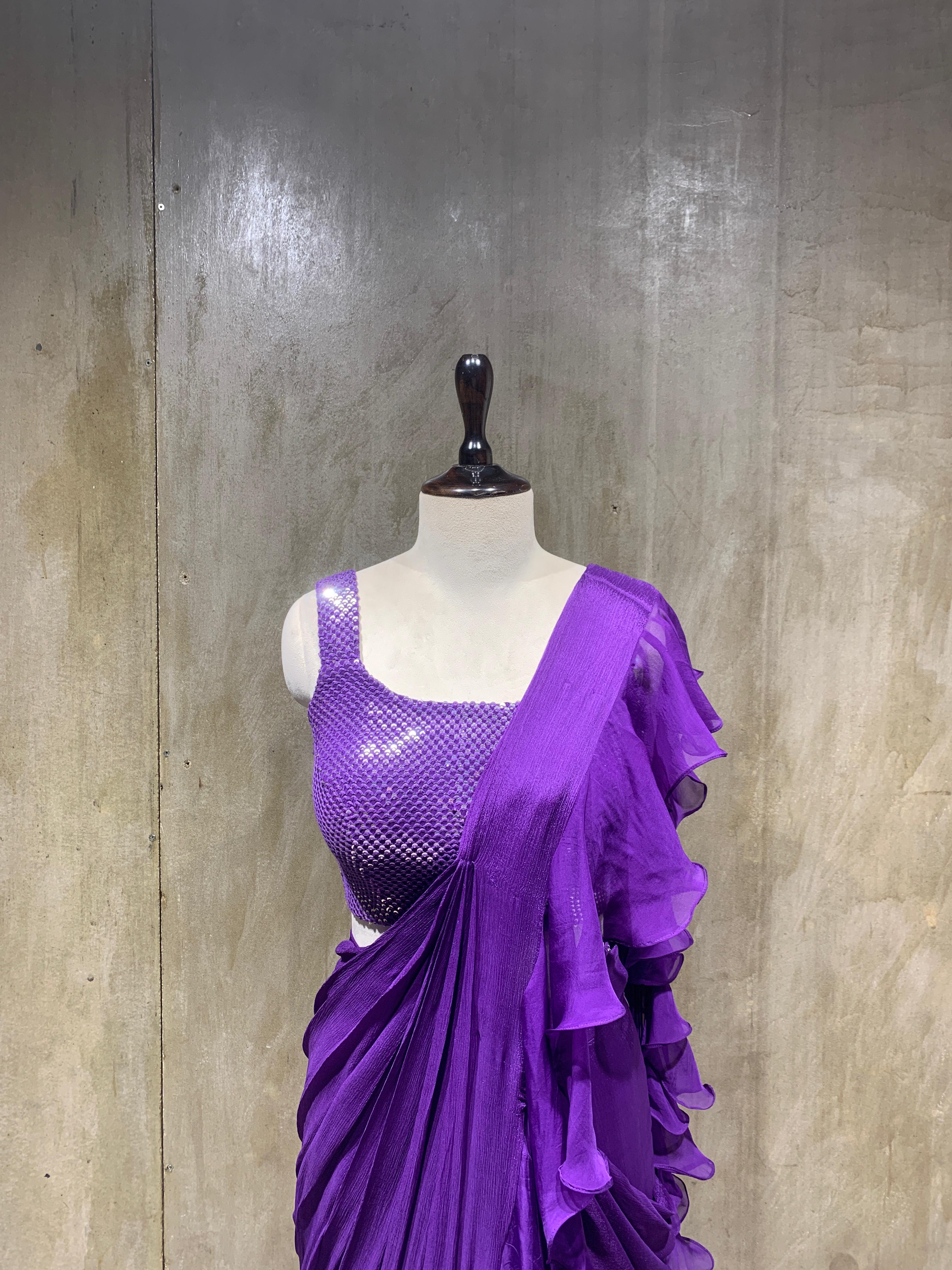 chinon ruffle drape saree with handwork blouse-focus