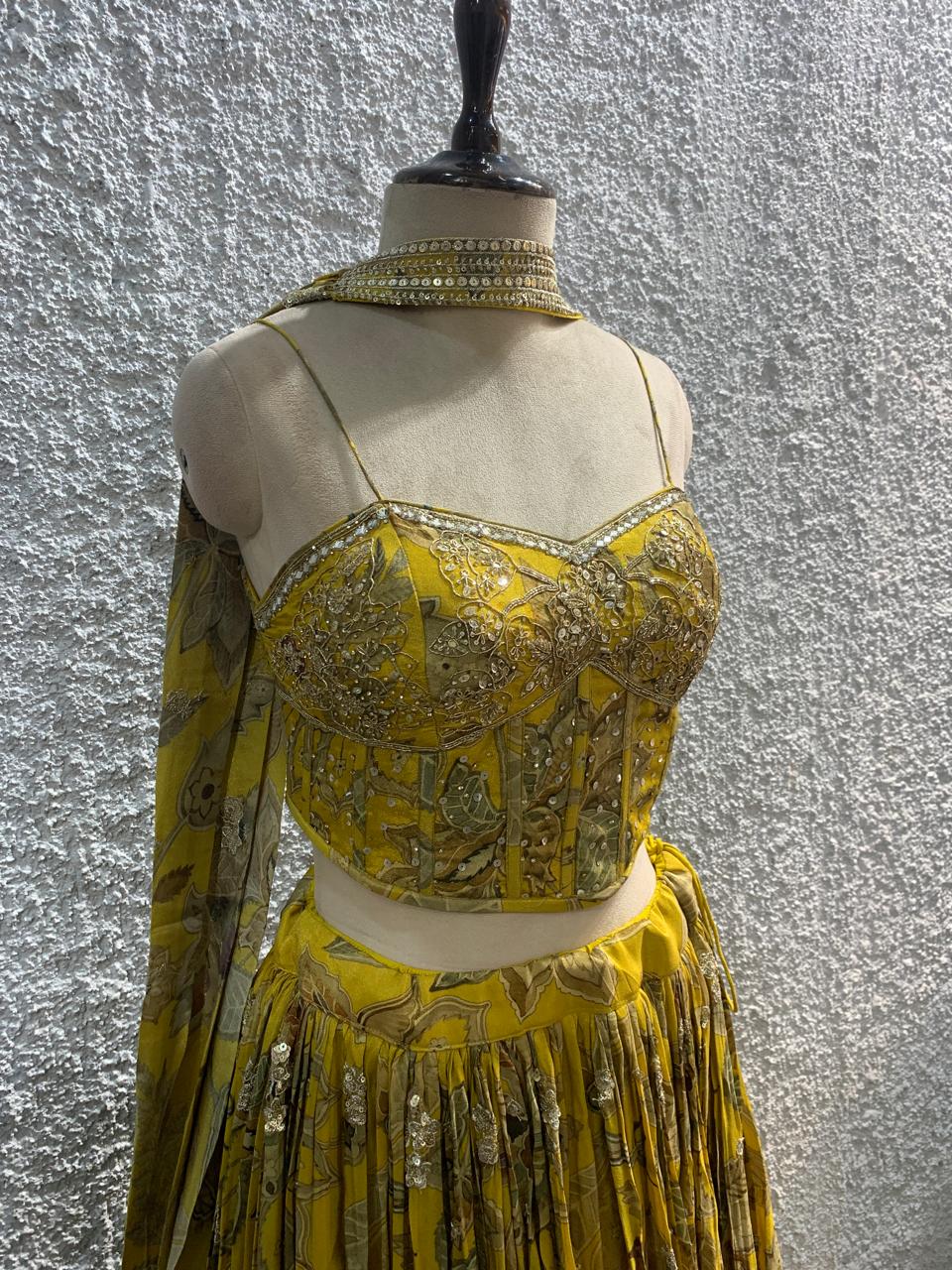 Embroidery Crepe lehenga with handwork corset blouse-side