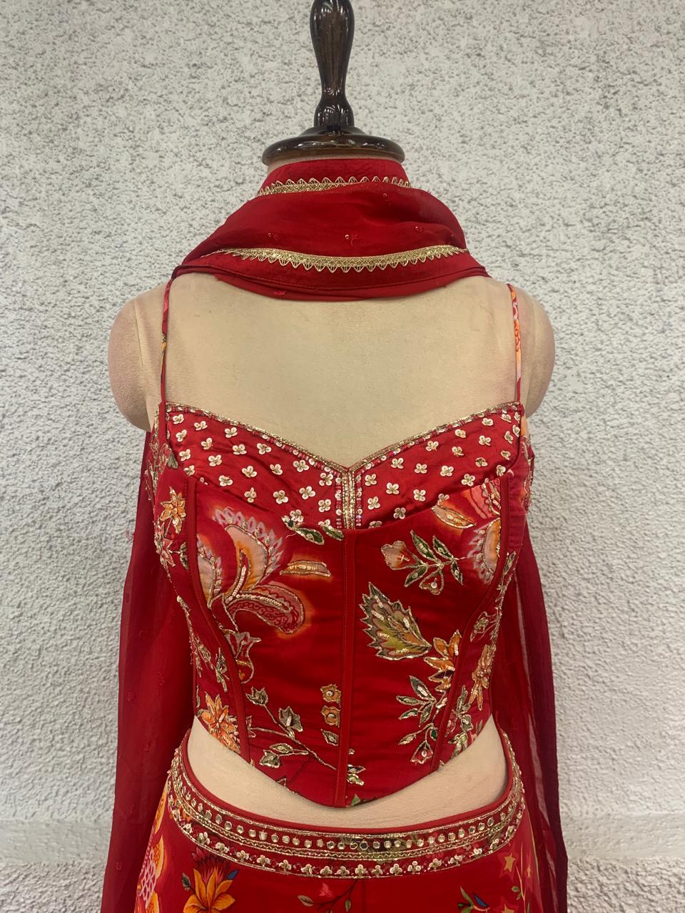 embroidery printed crepe lehenga with handwork corset blouse-focus