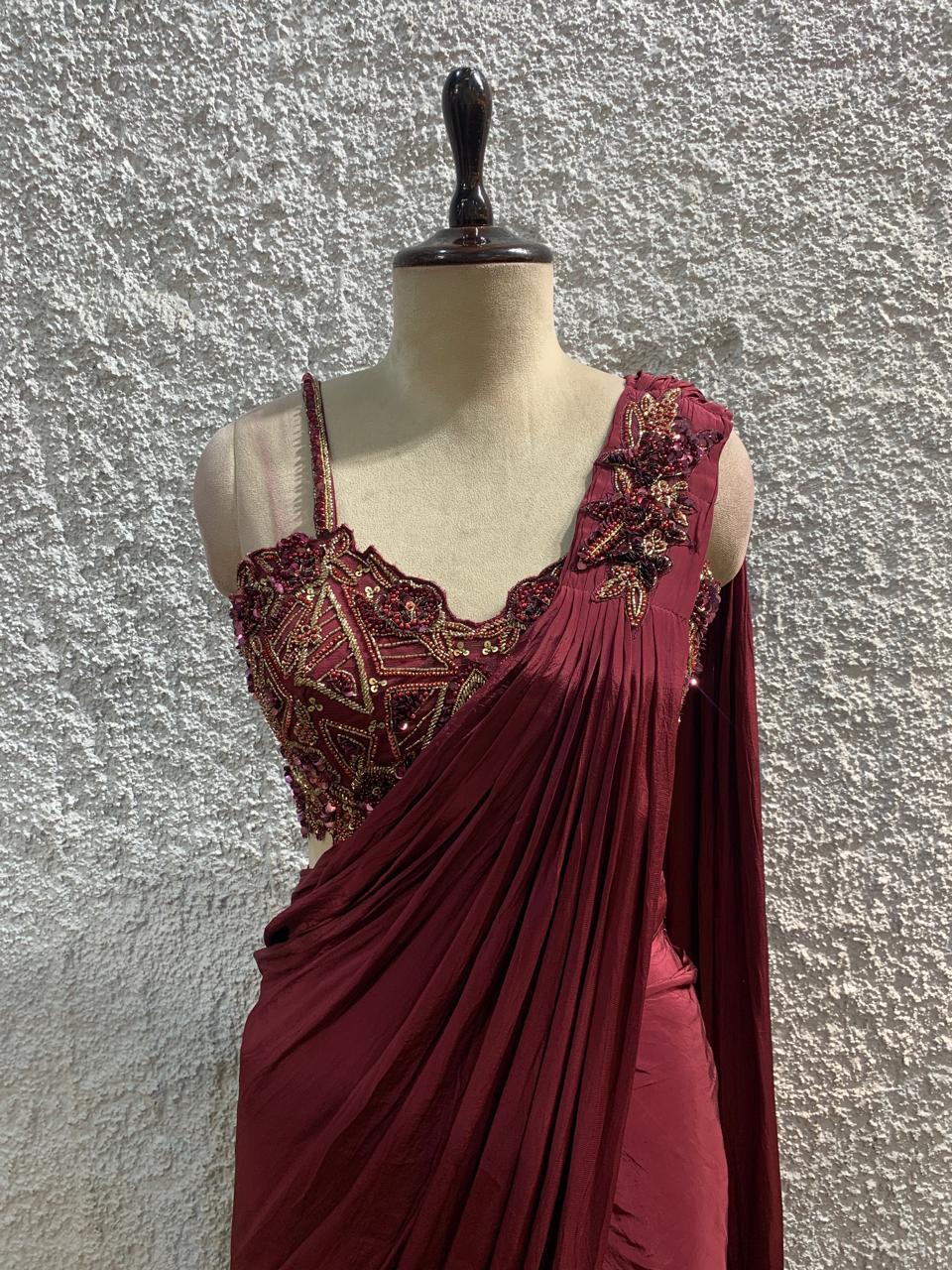 embroidery drape saree with handwork blouse-fous
