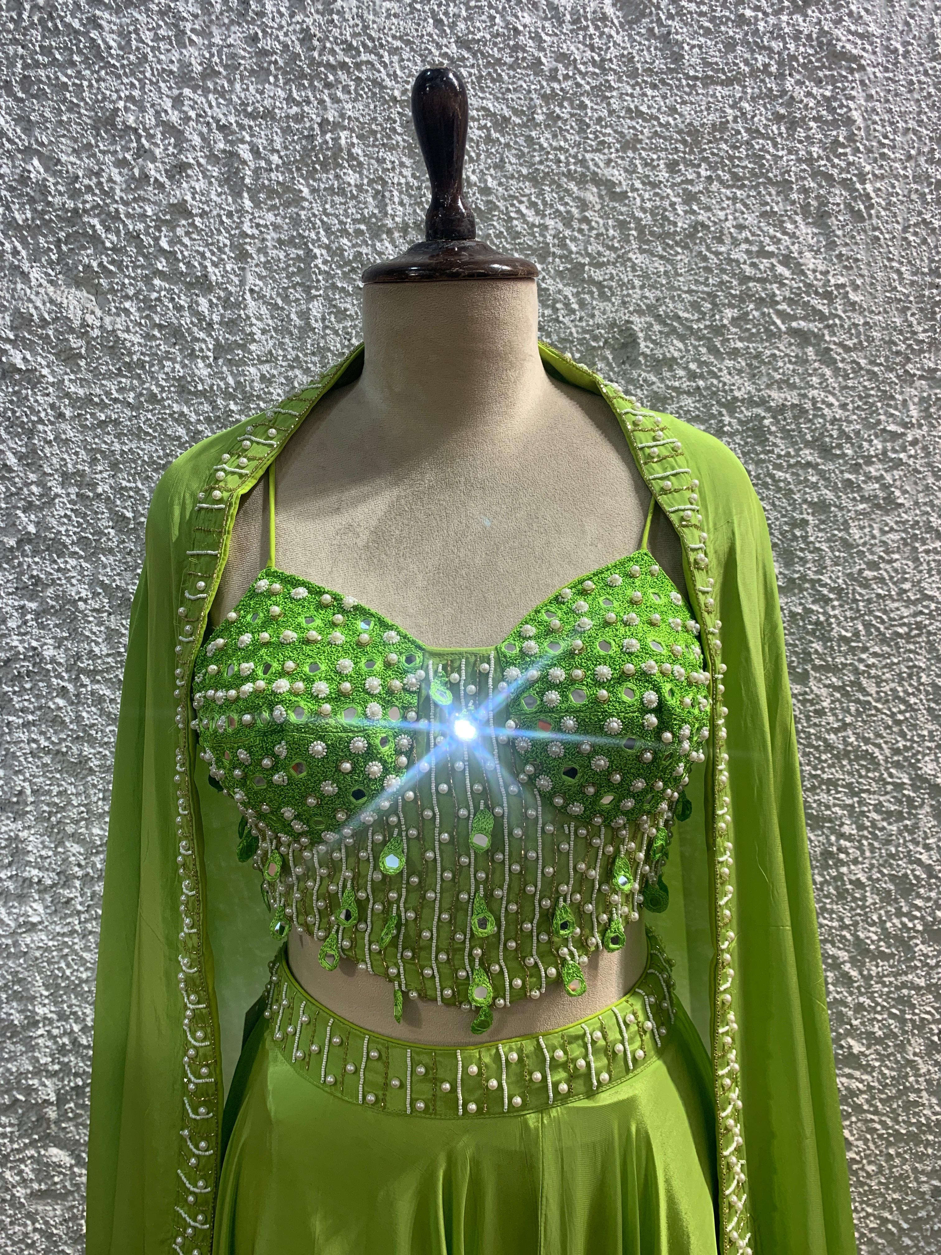 ombre lehenga with shrug embroidered mirrorwork corset blouse-focus