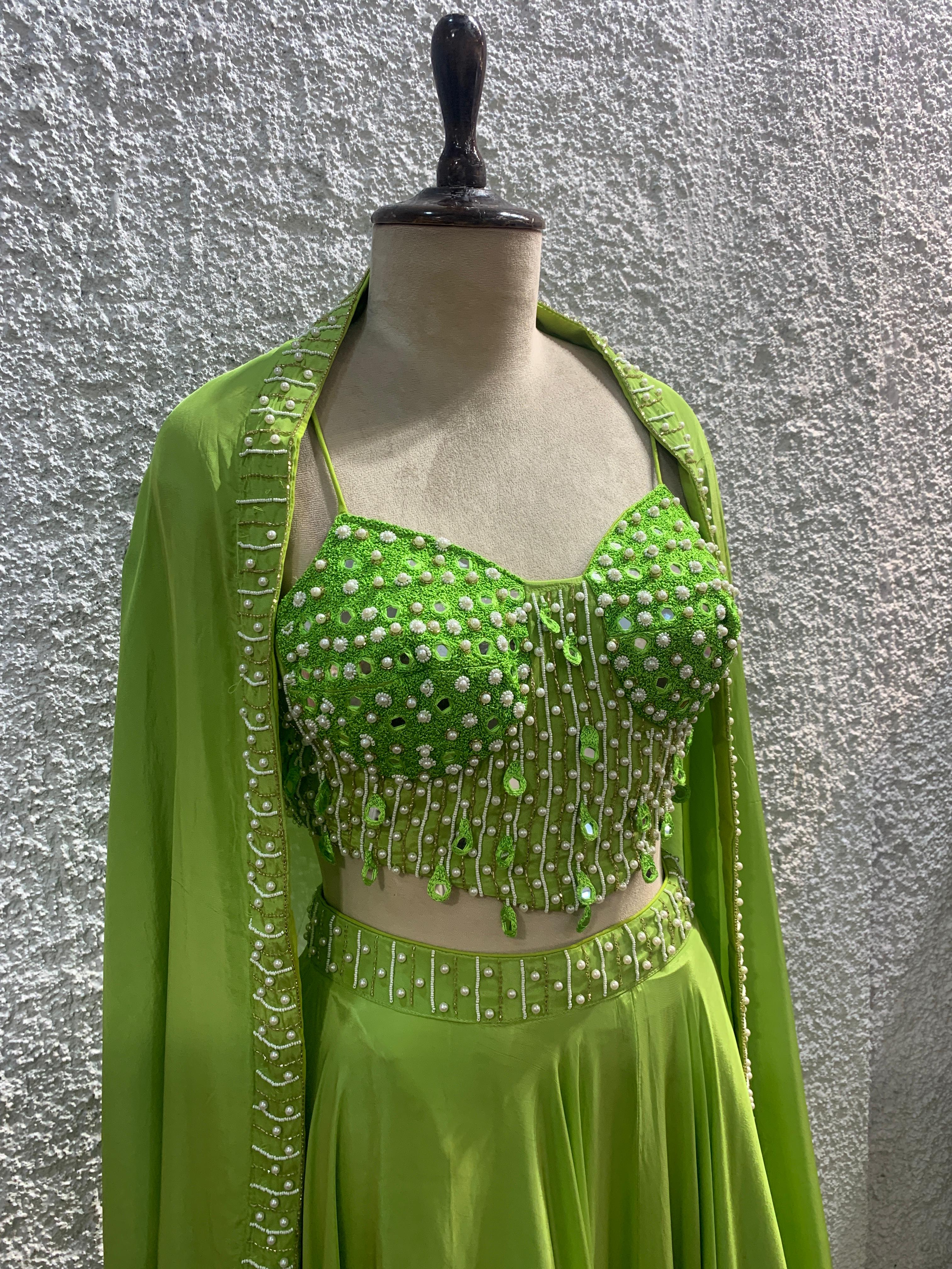 ombre lehenga with shrug embroidered mirrorwork corset blouse-side