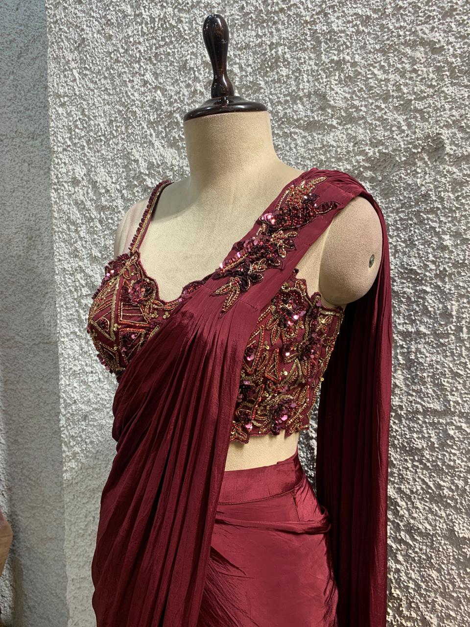 embroidery drape saree with handwork blouse-side